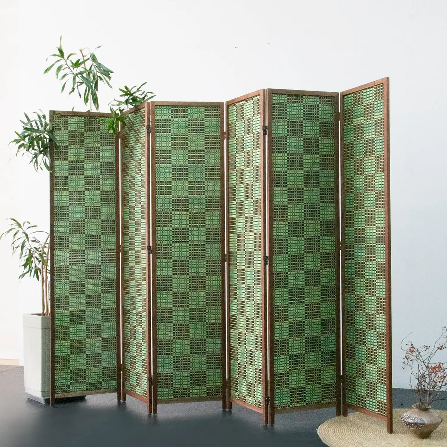 

6 Panel Room Divider Screen and Folding Panel Screen,Double Sided Bamboo Divider for Room Separation,Emerald Square,67"