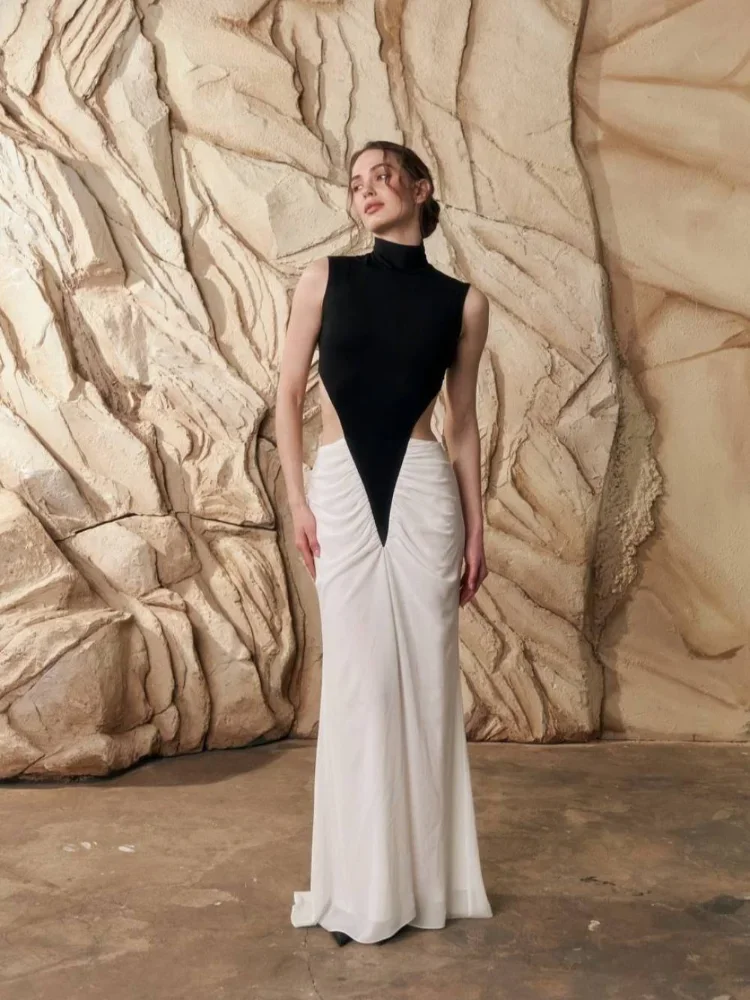 شيك التباين المرقعة مطوي فستان طويل مثير الجوف خارج عالية طوق سليم صالح Vestidos للنساء 2025 عطلة الشارع العباءات