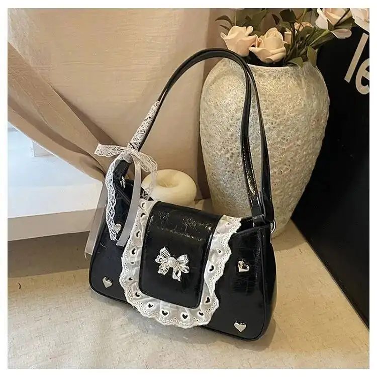 Bloom Hot Girls Lace Bow Black Shoulder Women Haruku Sweet Cute Leather Crossbody Bags Ladies Ballet Style Y2k Handbag