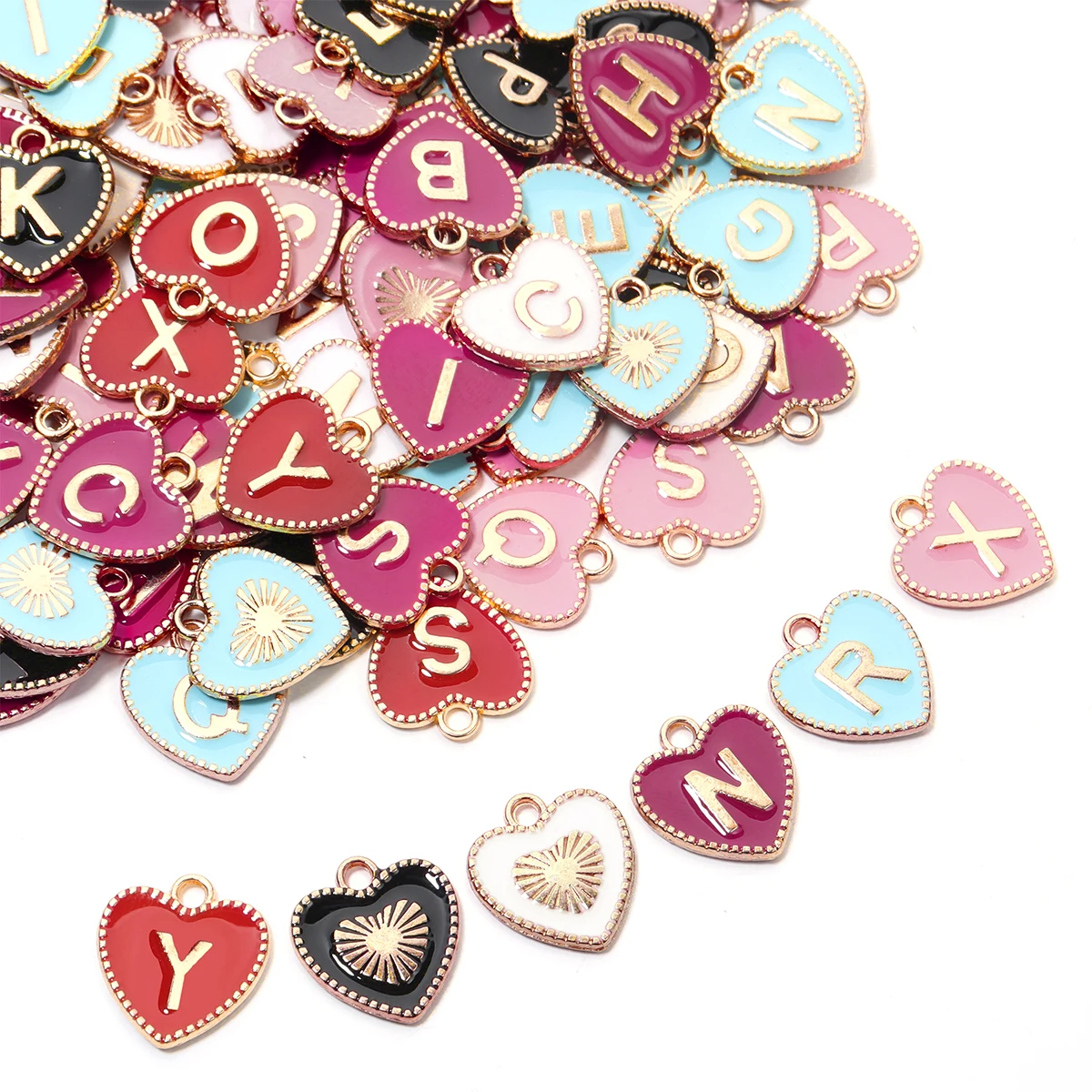 26pcs/lot Alloy Drip Oil Double Sided Peach Heart Letter Pendant Loose Pendant Beads DIY Jewelry Necklace Accessories Wholesale