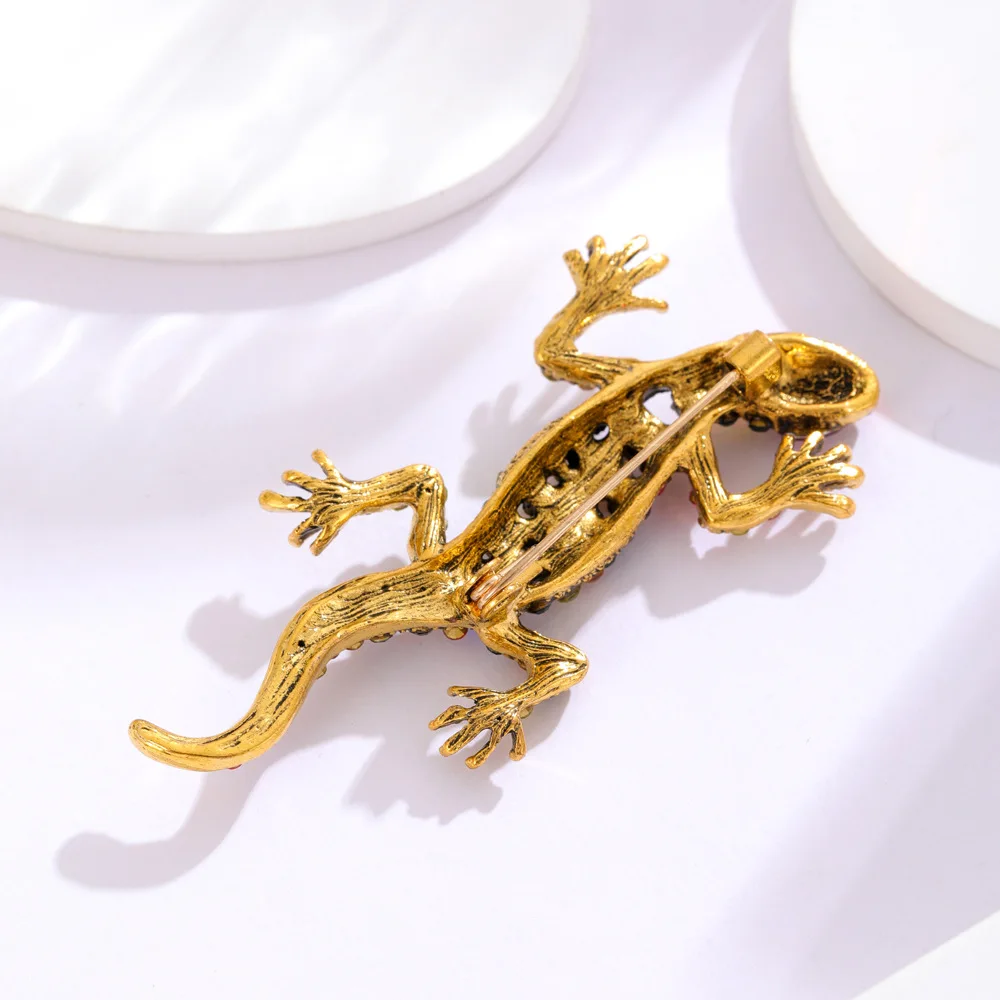 Vintage Colorful Rhinestone Gecko Brooches For Women Men Creative Lizard Animal Brooch Clothing Accessories Pins Luxury Jewelry
