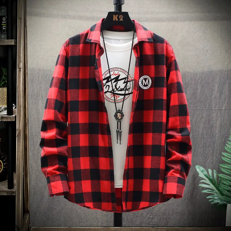 

Spring and Autumn Fashion Cotton Long Sleeve Men's Shirt New Brushed Red Plaid Business Leisure Fit Flannel No iron