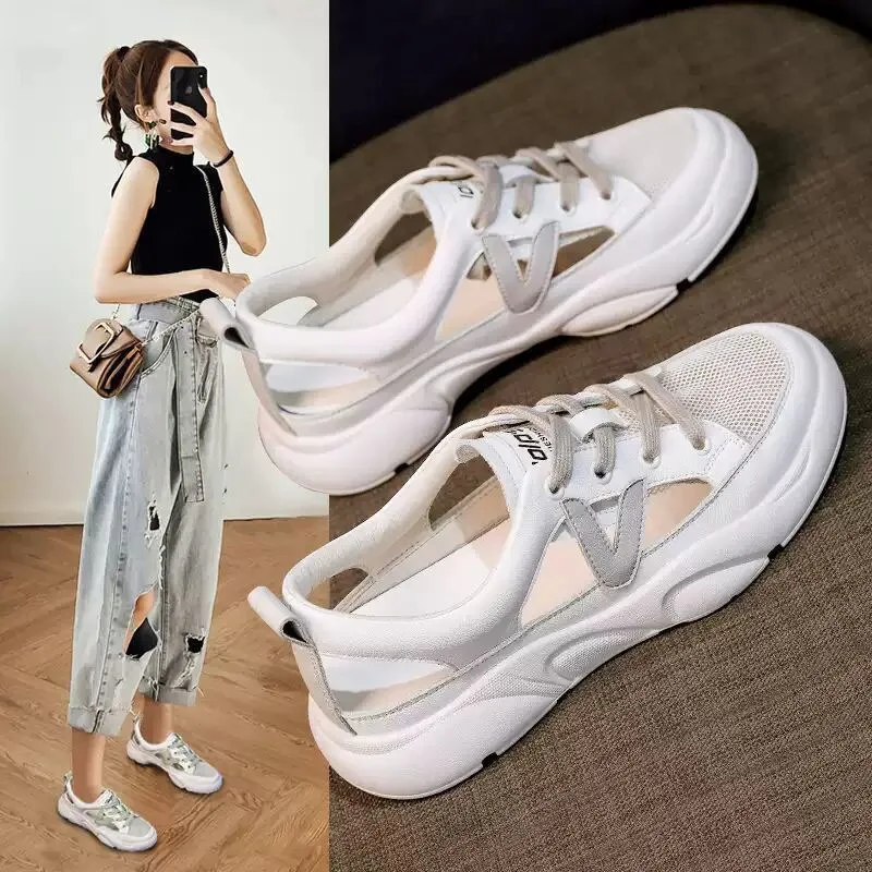 New White Shoes Women\'s Leisure Tennis Sandals Platform Sports Sandals Flat Women Summer Mesh Breathable Sneakers Footwear 2023