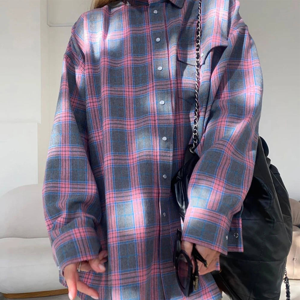 Fashion Women Vintage Oversized Plaid Shirts Long Sleeve Loose Blouse Autumn Lapel Collar Women Shirt Jacket Tops