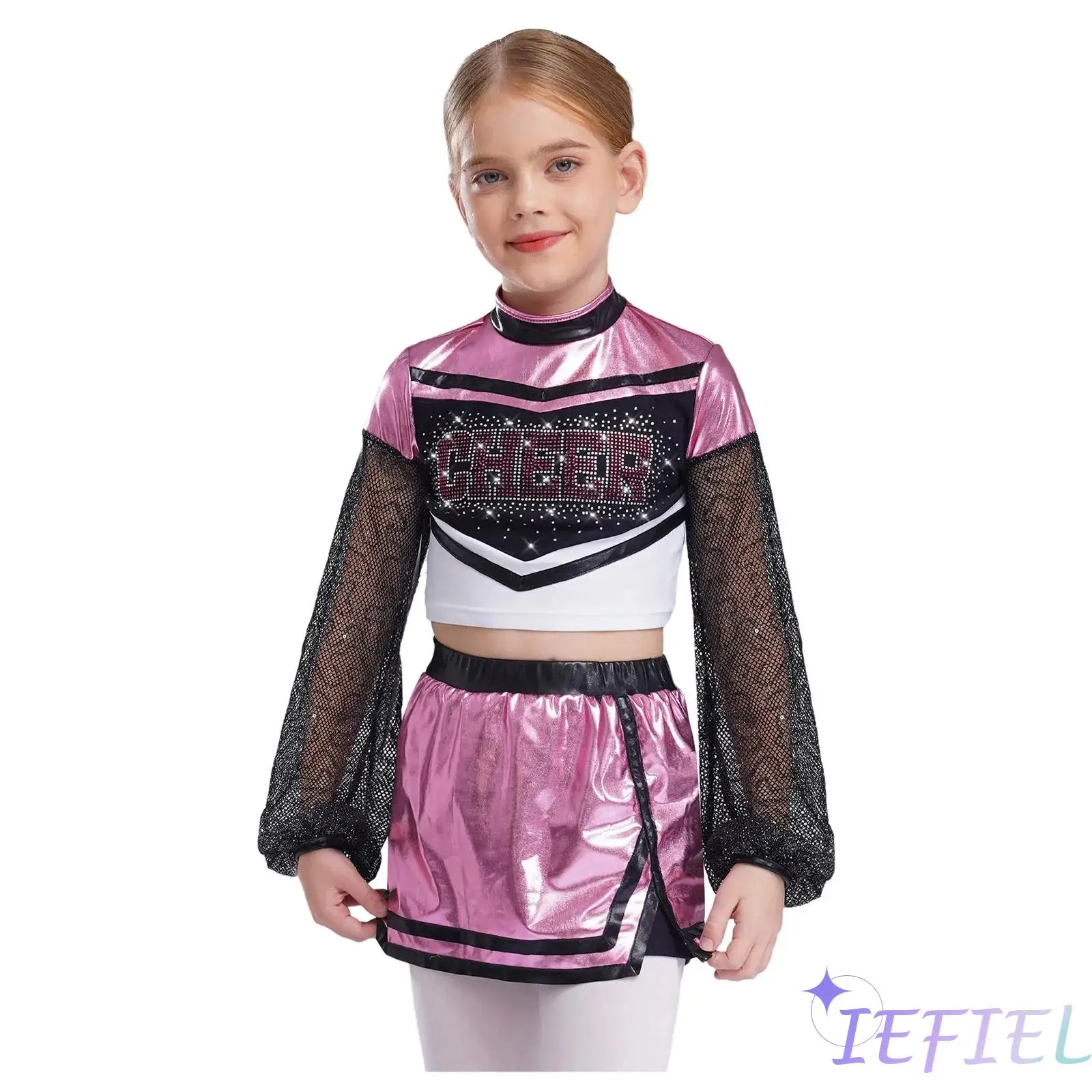 

Girls Cheerleading Uniform Hollow Out Mesh Long Sleeves Sparkly Rhinestone Letters Crop Top with Built-in Shorts Side Slit Skirt