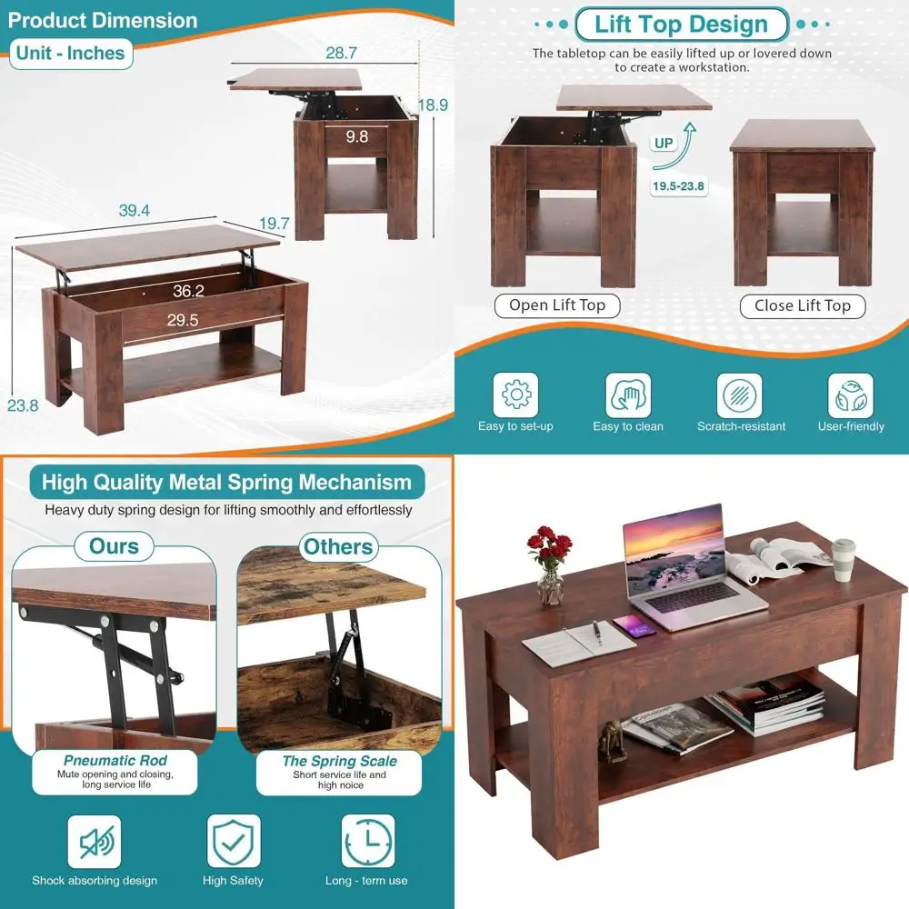 

Storage Shelf Coffee Table with Hidden Compartment, Living Room, Pull-Up Design, Brown