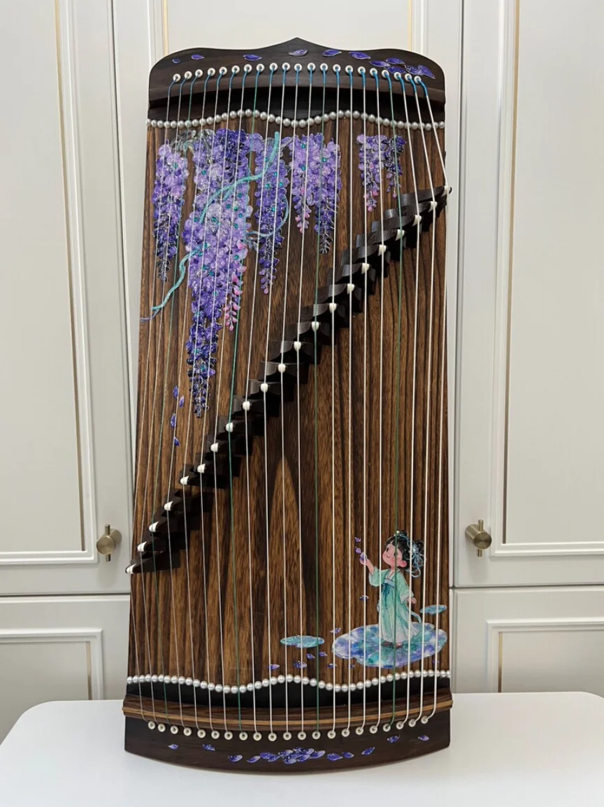 69cm Compact Guzheng 21‑String Chinese String Instrument, Purple Floral Pattern