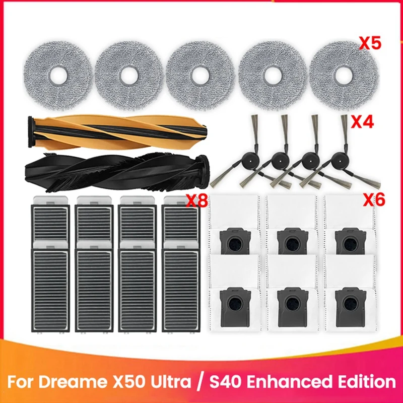 25PCS Main Side Brush Filter Mop Pads Dust Bag For Dreame X50 Ultra / S40 Enhanced Edition Robot Vacuum Attachments