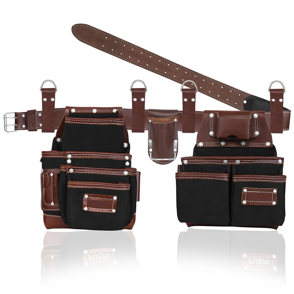 NEW Heavy-Duty Genuine Leather Waterproof OEM Tool Duffle Bag | Electrician Carpenter Special | Adjustable Strap 15-19 Pockets