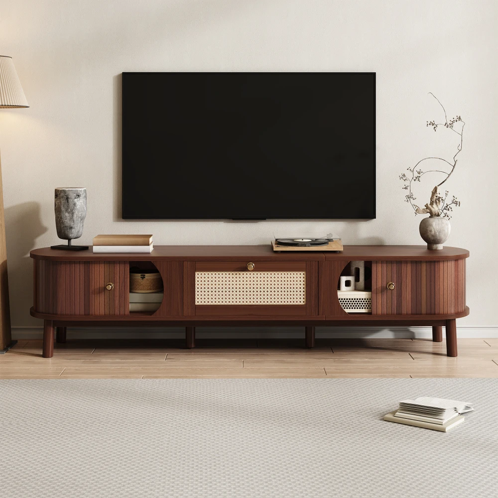 Rustikaler Bauernhaus-TV-Schrank mit Türen – TV-Konsole mit Schubladen aus Rattangeflecht, multifunktionaler Vintage-Medizinschrank