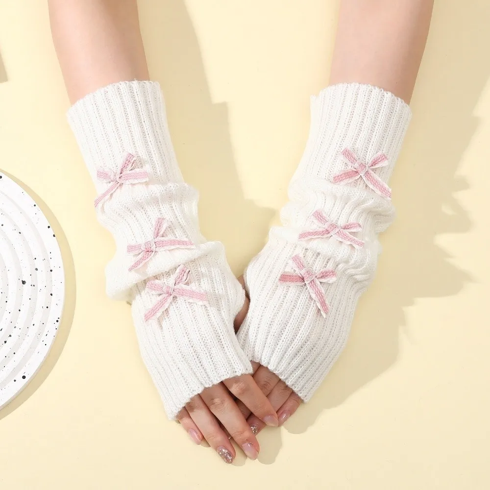 Y2K Thicken Bow Arm Warmers Long Knit Bowknot Y2K Fingerless Gloves Sweet Soft Knitted Sleeve Cover Autumn