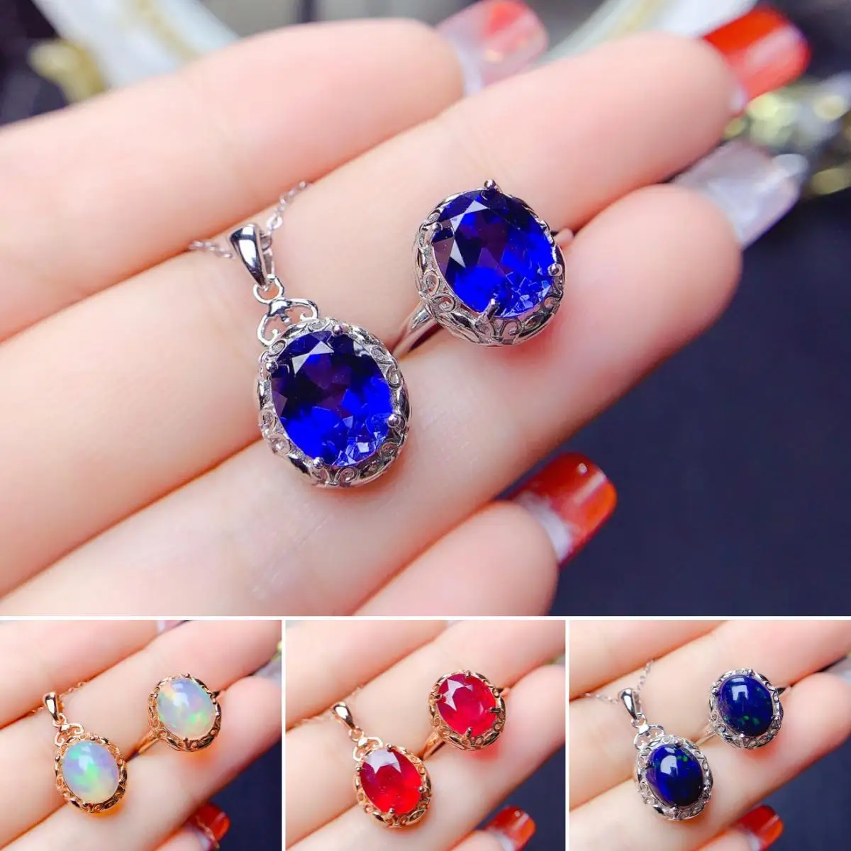 FS Natural 7*9 Sapphire/Opal/Ruby/Topaz Pendant Ring Set S925 Sterling Silver Charm Fine Fashion Weddings Jewelry Women Mail Fre