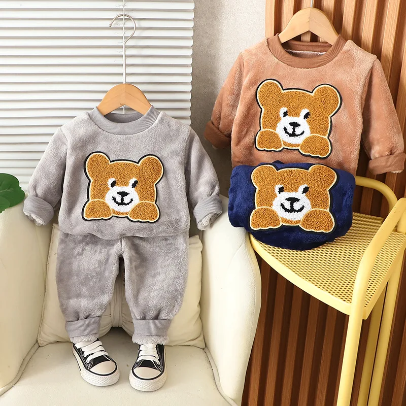 Winter Baby Boys Warm Pajamas Set Autumn Kids Flannel Clothes Cartoon Bear Pullover Sleepwear Pants 2Pcs Children Casual Outfits