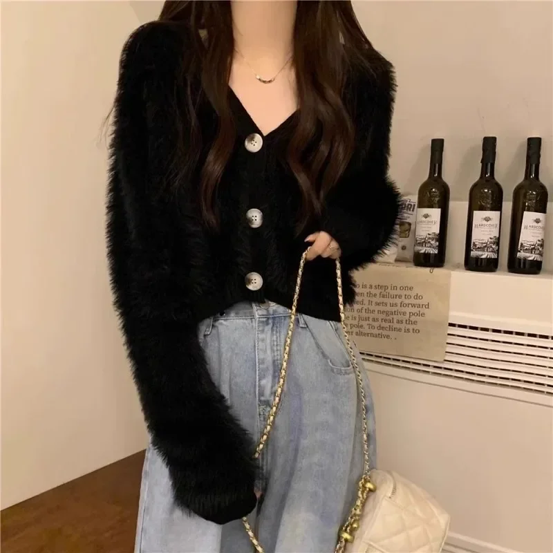 Sweet Fluffy Cardigans for Women Tender Korean Style Cropped Sweaters Feminine Autumn Winter Knit Stylish Chic V-neck Outerwear