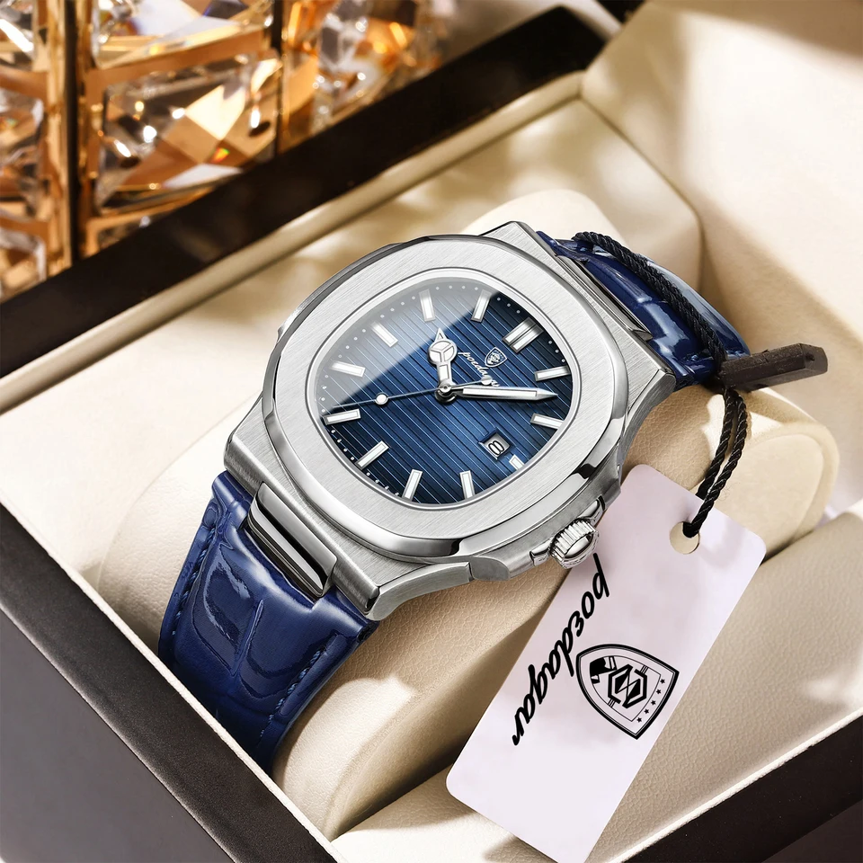 Reloj POEDAGAR cuadrado de lujo para hombre, fecha, resistente al agua, luminoso, cuero de alta calidad, con caja