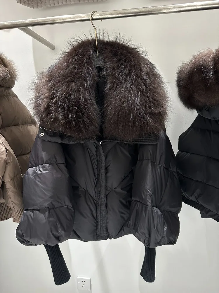 

Real Raccoon Fur Coat New Winter Large Puffer Jacket Women White Duck Down Jacket Mid Long Parka Thick Warm Knitted Sleeve