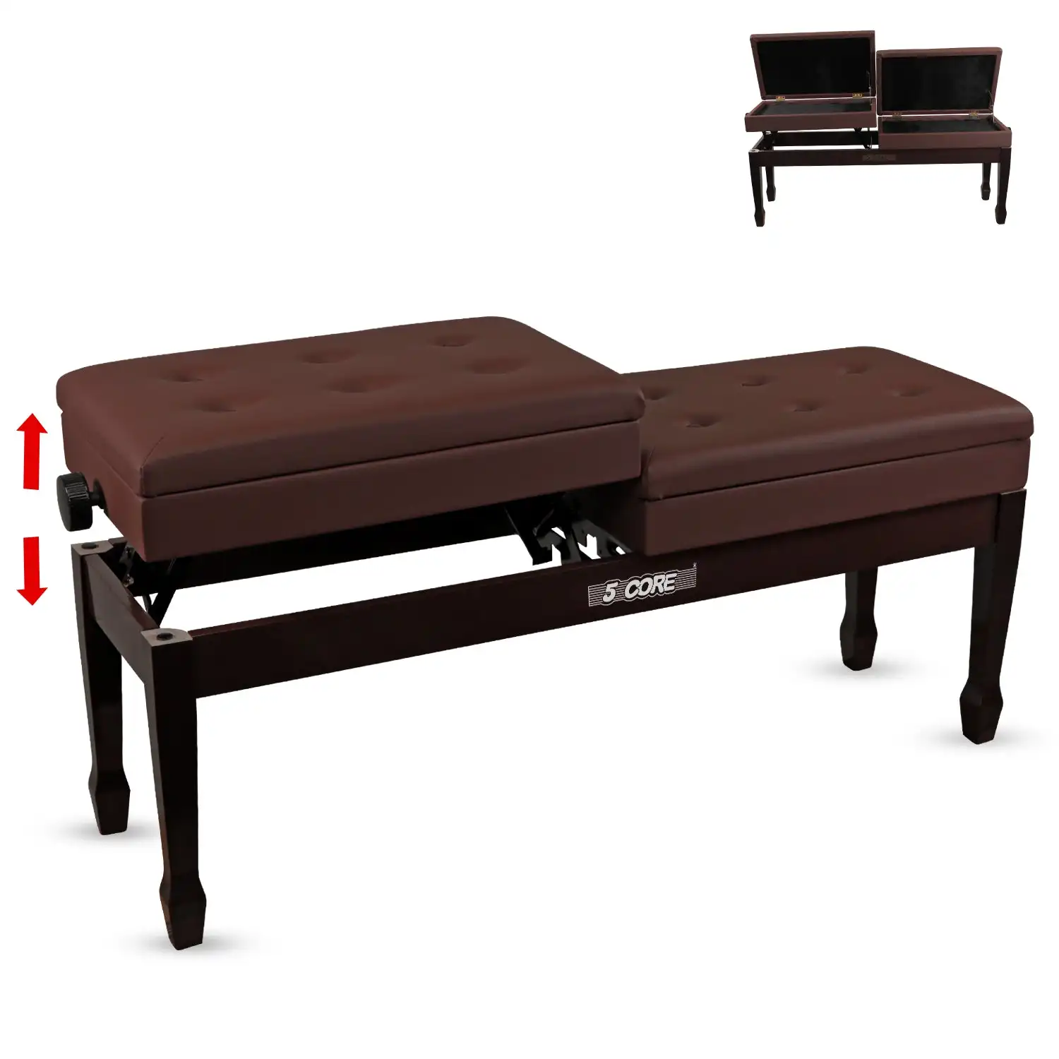 

5 Core Duet Piano Bench 3.5 Inch Padded Cushioned Stool Wooden Heavy Duty Musician Chair w Storage PNB DT BR