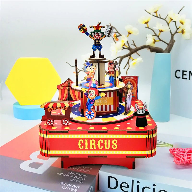 DIY Circus Music Box Wooden Model Building Kits 3D Jigsaw Puzzles Assembly Toys for Children Birthday Gifts Home Decoration