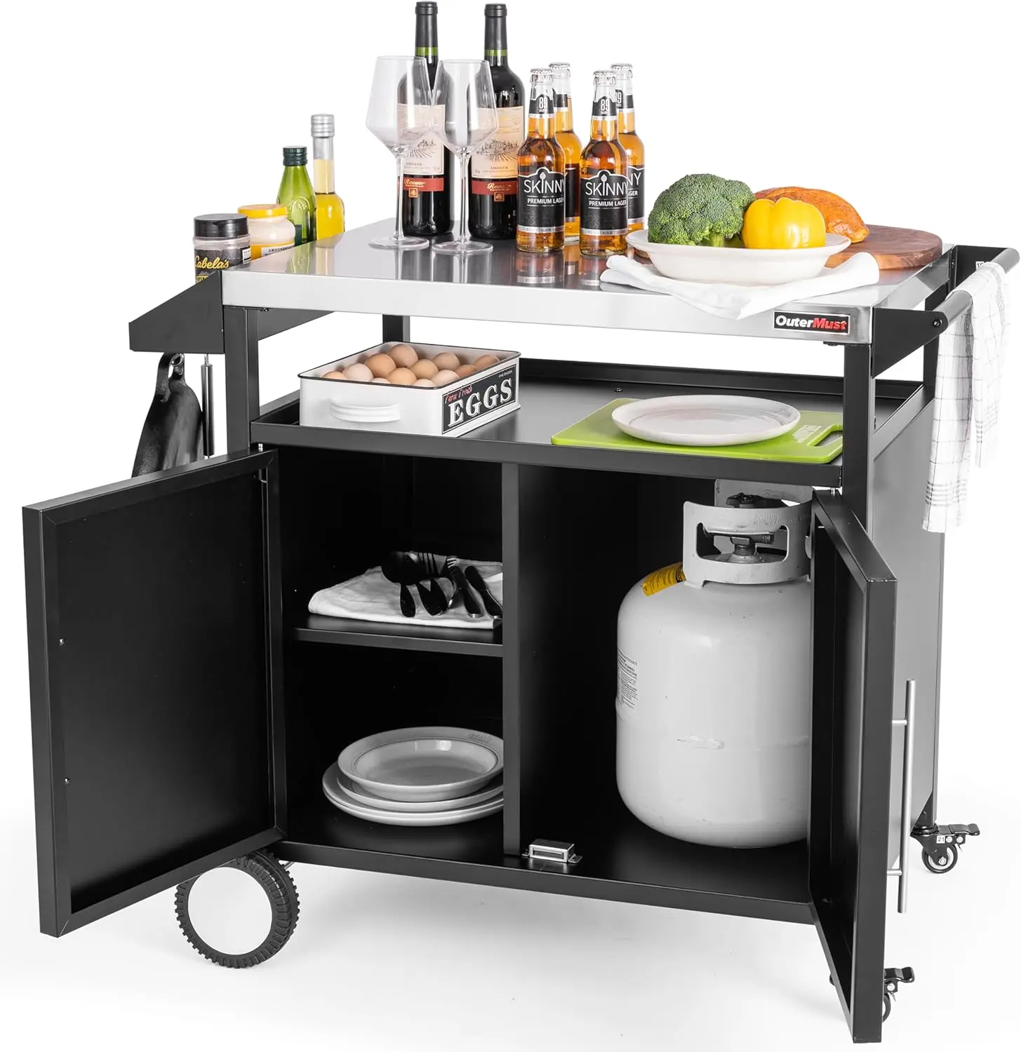 Table Outdoor Kitchen Cabinet, Moveable Outdoor Prep Table & Bar for Storage, Grilling and Pizza Oven, Multifunctional Silver &