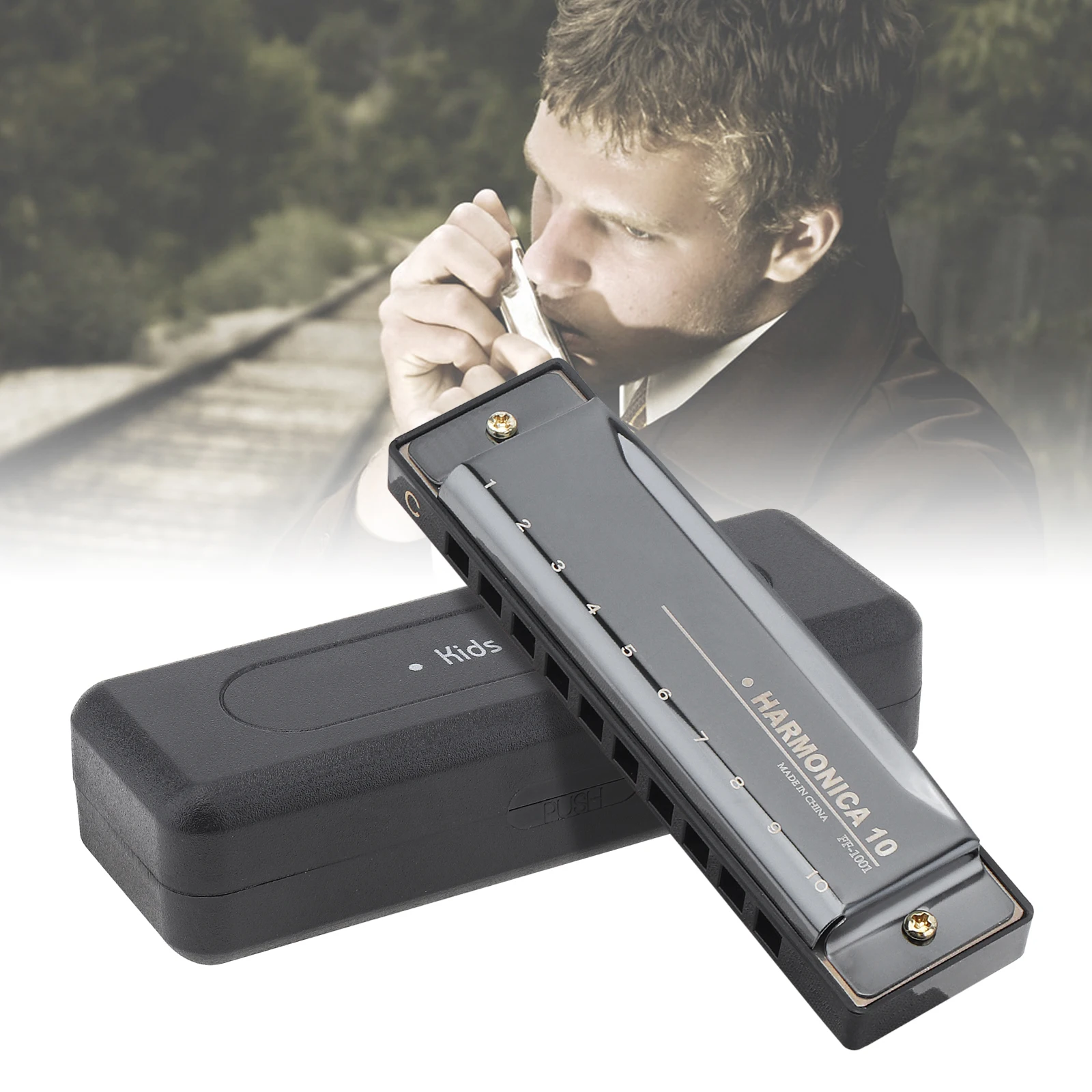 10 отверстий, 20 тонов, матовая черная блюзовая губная гармошка, арфа, ротовая гармошка из нержавеющей стали, деревянные духовые инструменты