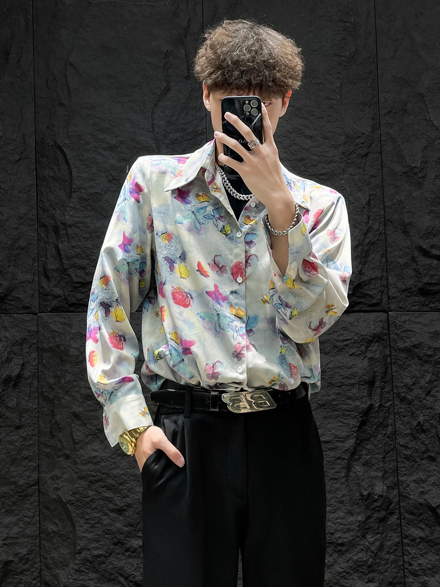 

Мужская одежда из ледяного шелка Long Sve Dyed с цветочным принтом, повседневная модная уличная одежда, свободная посадка, молодежная летняя тонкая одежда