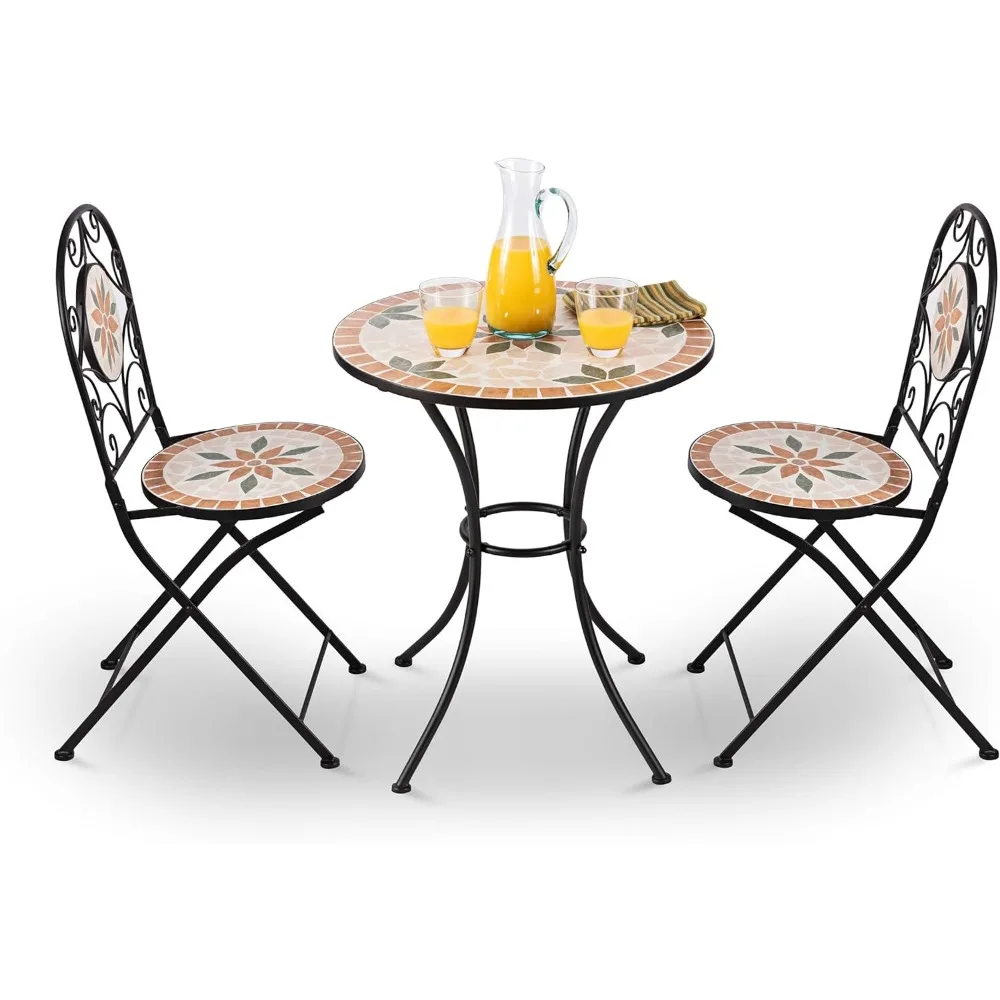 Indoor/Outdoor 3-Piece Mosaic Bistro Set Folding Table and Chairs Patio Seating, Tan