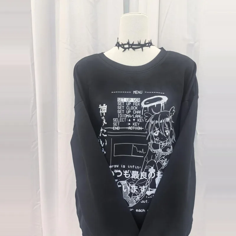 سويت شيرت نسائي مطبوع عليه سلسلة مطبوعة، نمط جديد فضفاض، ملابس ثقافية أنيمي ورقبة دائرية، طراز عصري وفريد من نوعه