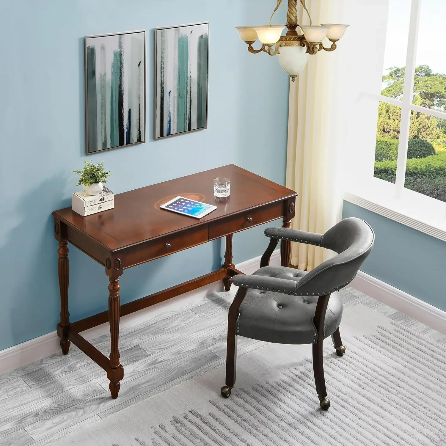 Sillas Boss Caption de madera maciza, sillas de comedor con ruedas y brazos, sillas de escritorio de oficina, sillas decorativas giratorias clásicas