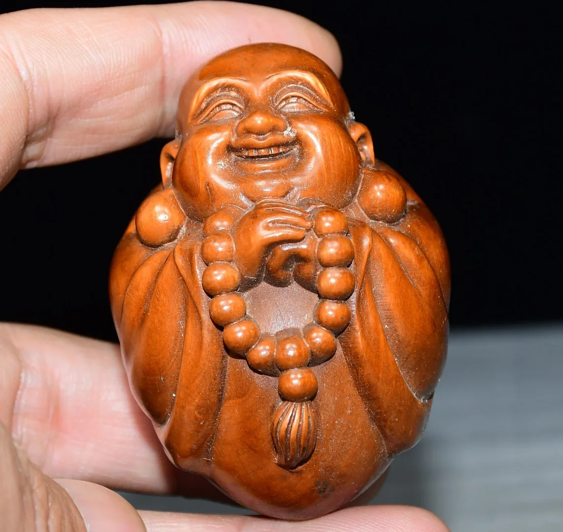 Old Boxwood Maitreya Buddha Laughing Buddha handheld artifact screen Wenfang Amass wealth Ornaments Town house