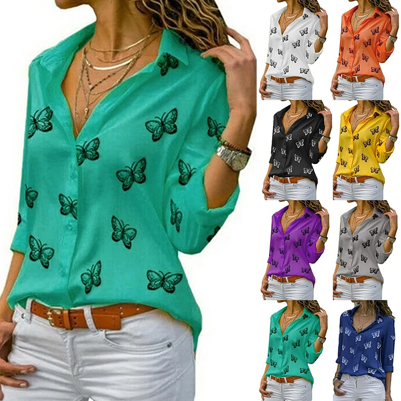 New Women\'s Fashion Shirt Clothing Loose Lapel Button T-shirt Butterfly Print Open Front Shirt Ladies Elegant Casual Blouses