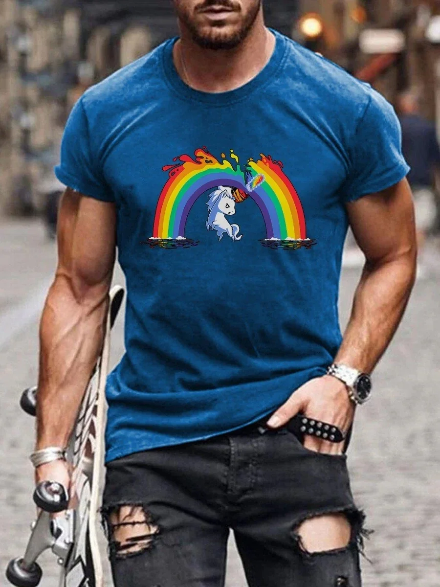 2023 Summer Men's Printed Casual Crew Neck Short Sleeve T-Shirt Men's Unicorn Cut Rainbow Casual Print T-Shirt3D Printed T Shirt