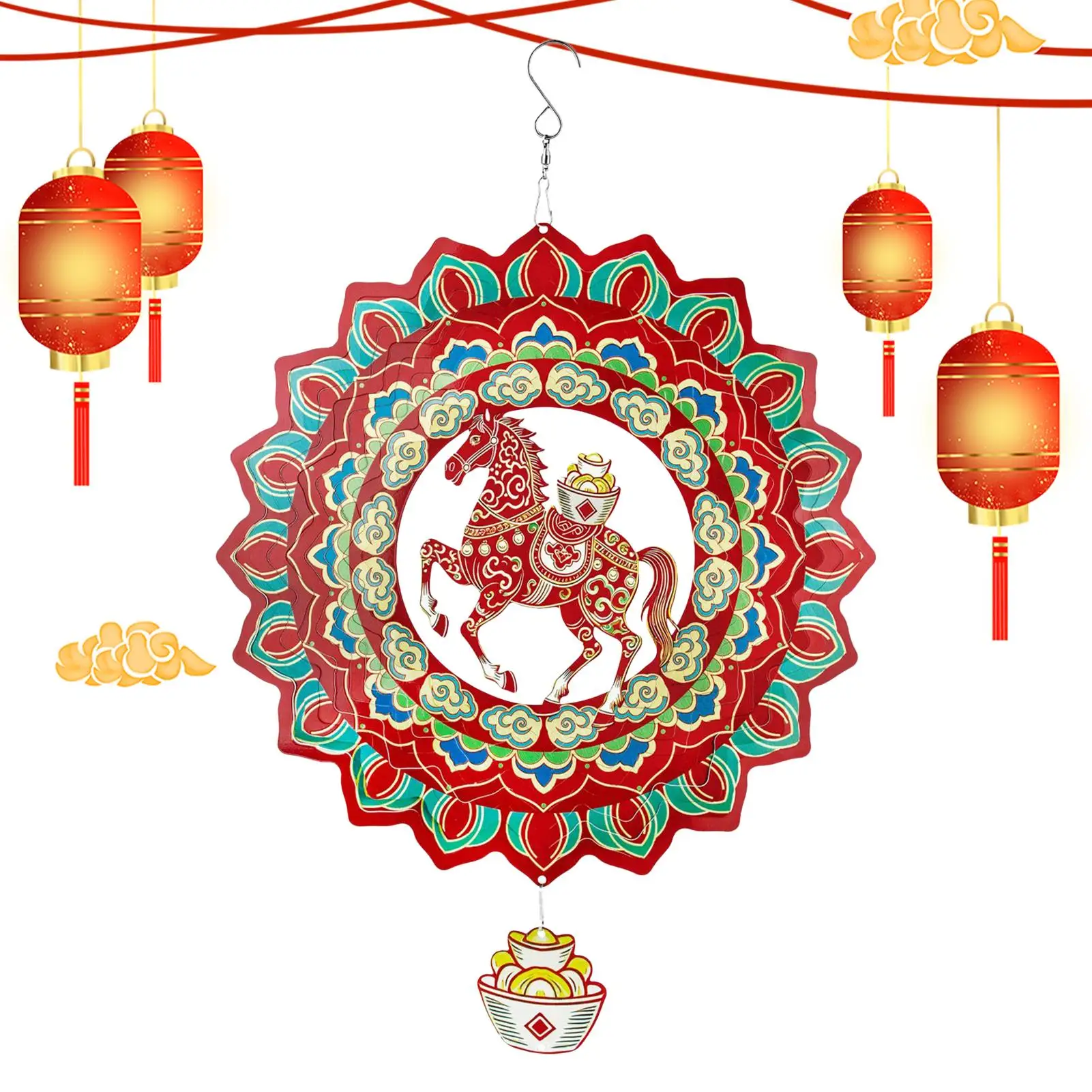 Wind Spinner 11.57 Inch Stainless Steel Chinese New Year Decor 2026 Horse Year Hangable Pendant For Patio Lawn Yard Home Indoor