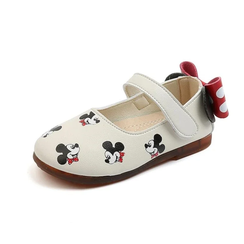 Mickey Princess Children Leather Shoes Girls Cute Bow Flat Flats Soft Bottom Shoes Toddler Girl Shoes Disney Kids Casual Shoes