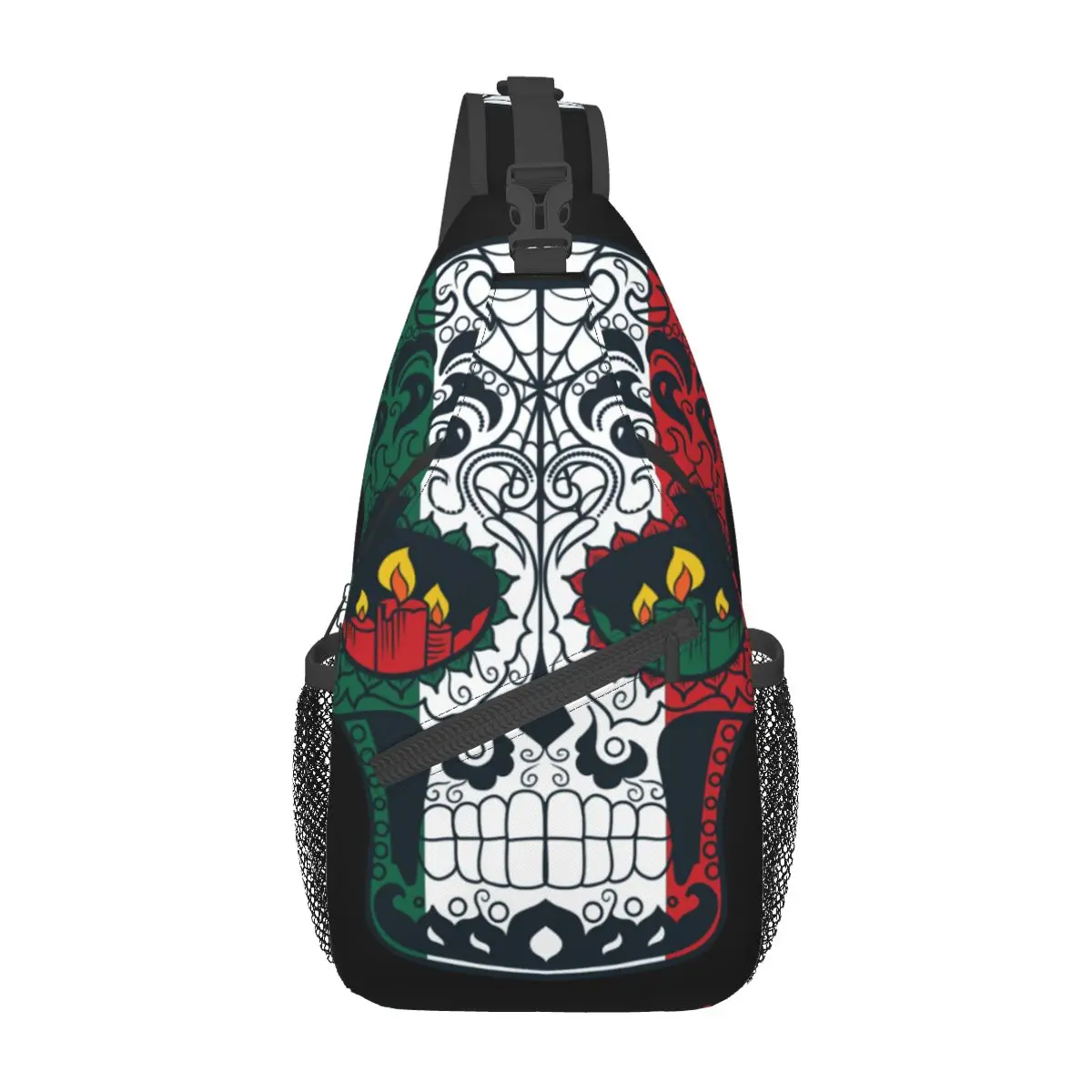 

Mexican Flag Sugar Skull Small Sling Bags Chest Crossbody Shoulder Sling Backpack Hiking Travel Daypacks Day Of The Dead Printed