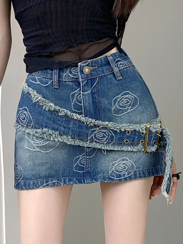 

Vintage Women's Casual Ripped Jean Skirt Irregular Belt High Waist Mini Denim Skirts Sexy Mini Short Skirt Ladies 2024 New Y2K