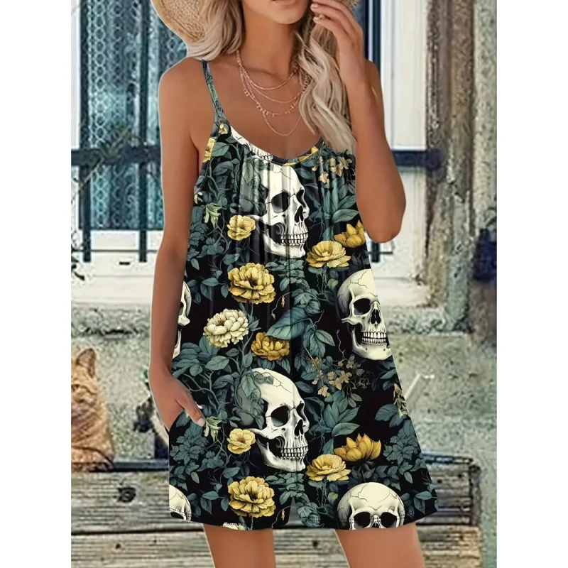 

Европейские и американские летние сексуальные модные повседневные комбинезоны с принтом черепа и шорты для девочек