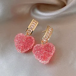 Pendientes colgantes de corazón rosa para mujer, joyería de cristal dulce, regalos para niña, 2022