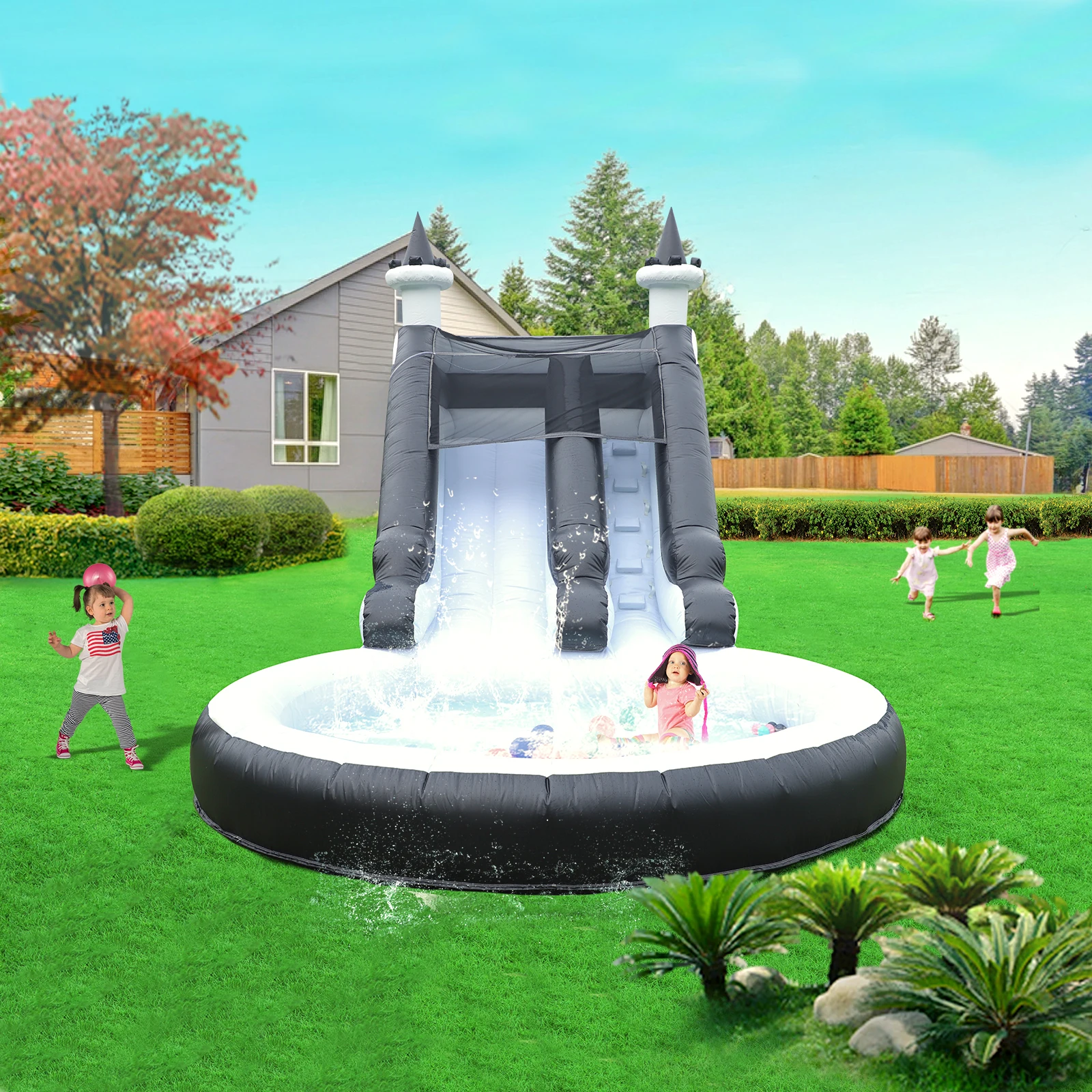 Corrediça de água inflável com grande piscina PVC trampolim infantil, corrediça infantil, playground infantil, piscina de água, piscina de bolhas