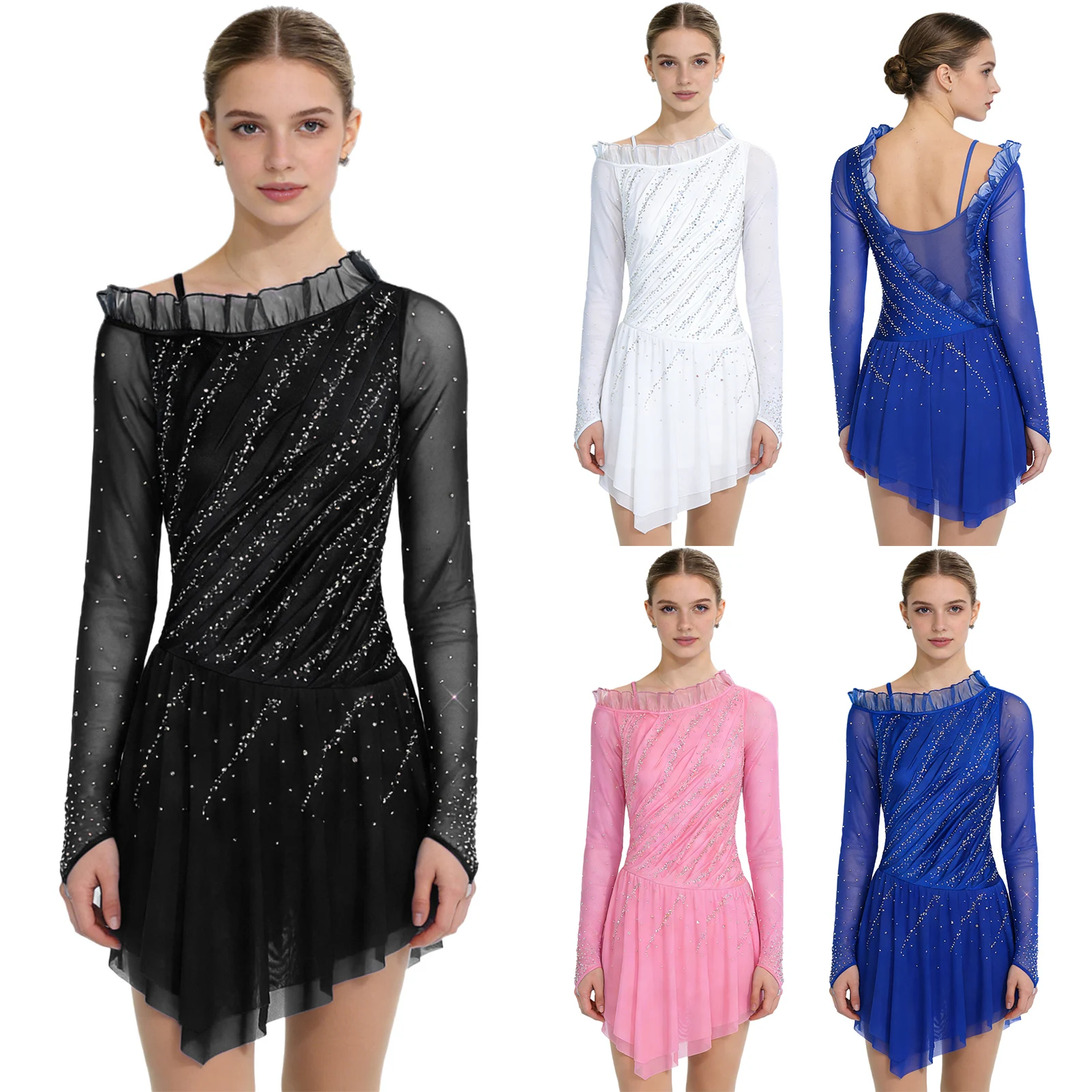 

Женское платье для фигурного катания и балета, с длинными рукавами из прозрачной сетки, украшенное стразами, купальник для художественной гимнастики, танго и бальных танцев