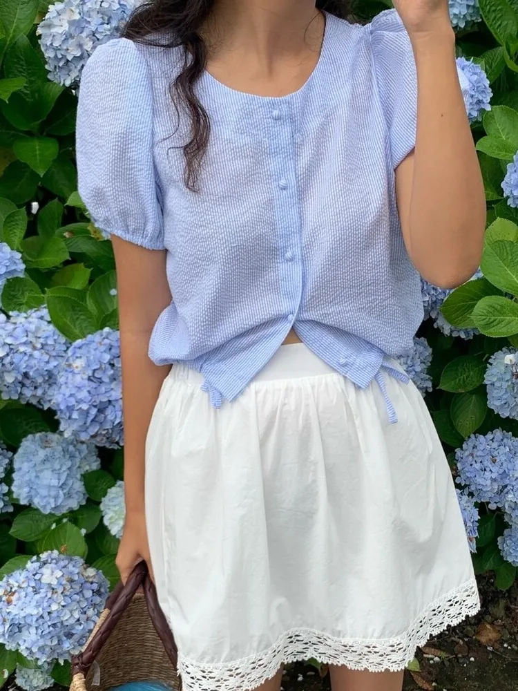 

Summer Striped irt Women's Chic Small round Ne Single Button Bubble Sve Blue Top Commute Sle Loose Fit Long Sve
