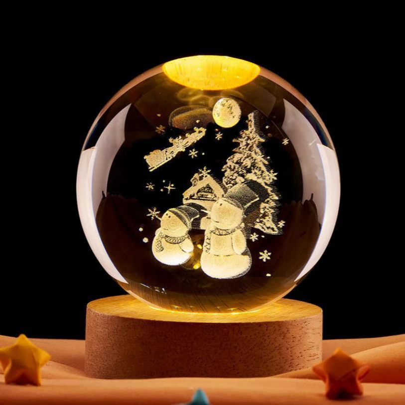 Natal cristal 3d laser escultura interna bola luz da noite esfera natal veado santa gravado brilhante nicho presente decoração para casa