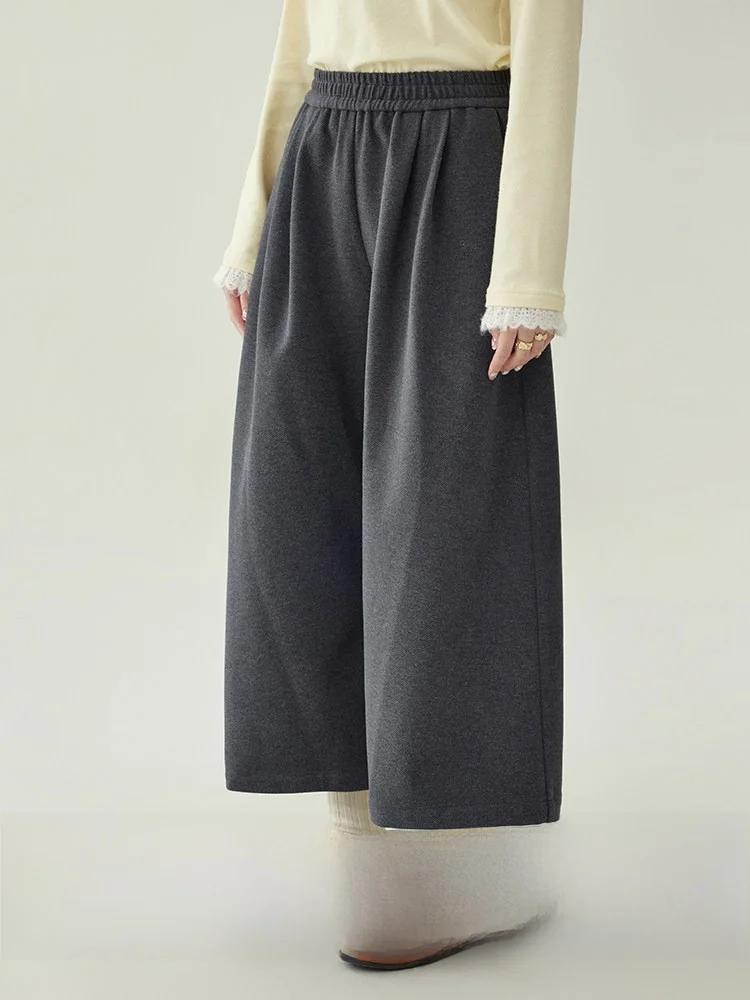 

Slimming Effect Fce Lined Elastic Waist Wide Leg Casual Pants Women's Winter New Sle Comfortable Loose Fit Trousers
