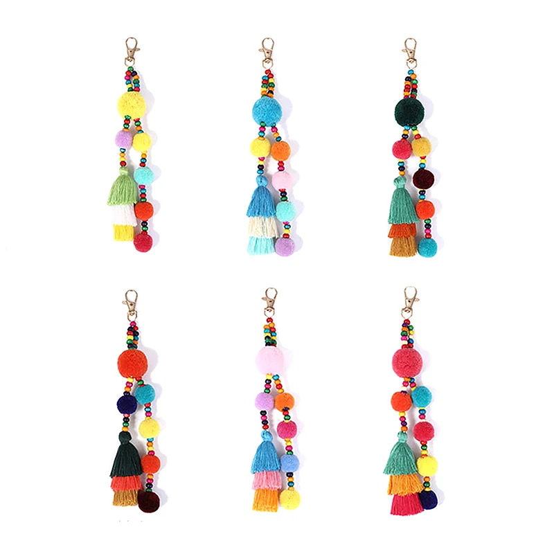 Colorful Keychain Handmade Pom Pom Tassel Keyring Boho Style Women Bag Hanging Pendant Key Holder Gift Accessories