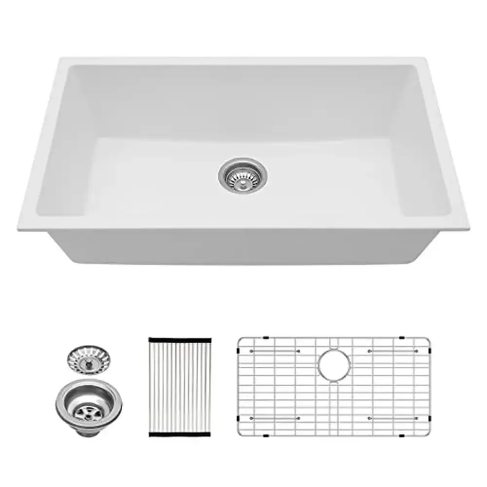 

33 Inch White Granite Undermount Kitchen Sink Single Bowl Quartz Composite Quiet Non-fading High Strength Smooth Surface Dish