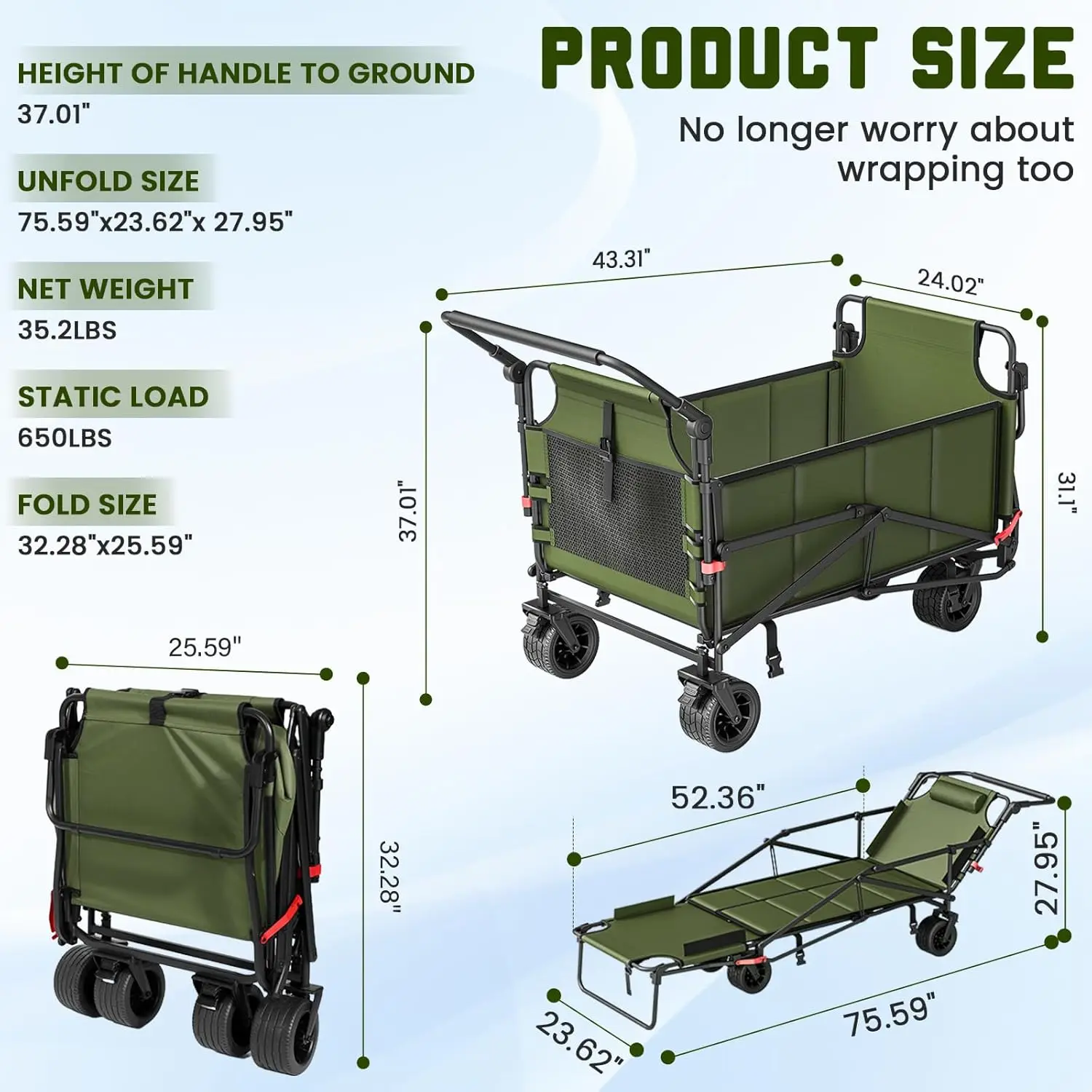 Heavy Duty Folding Wagon with All-Terrain Wheels and Brakes, 650lb Capacity, Army Green, Ideal for Outdoor Use