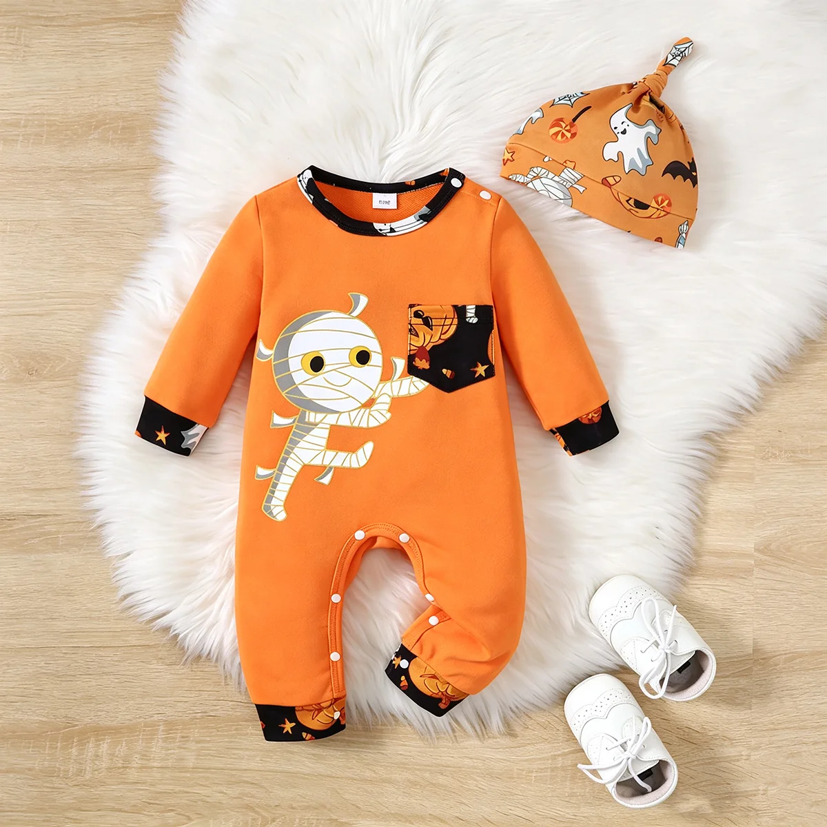 Baby Boy Halloween Jumpsuit Mummification Print Long Sleeved Jumpsuit And Ghost Print Hat 2Pcs Suitable Baby Boy Holiday Clothes