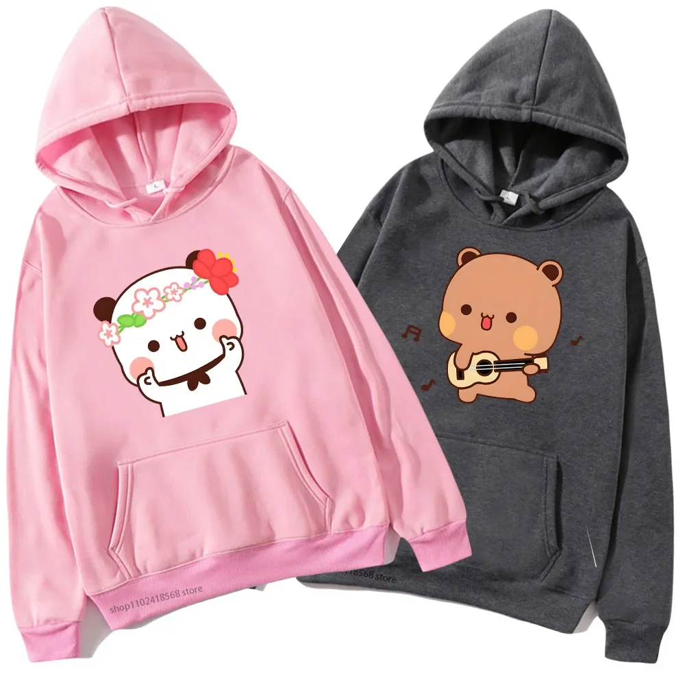 Cute Pretty BuBu Panda in Flowery Head Piece Hoodie DuDu Bear Dancing and Playing with A Guitar Sweatshirt Couple Men Women Tops