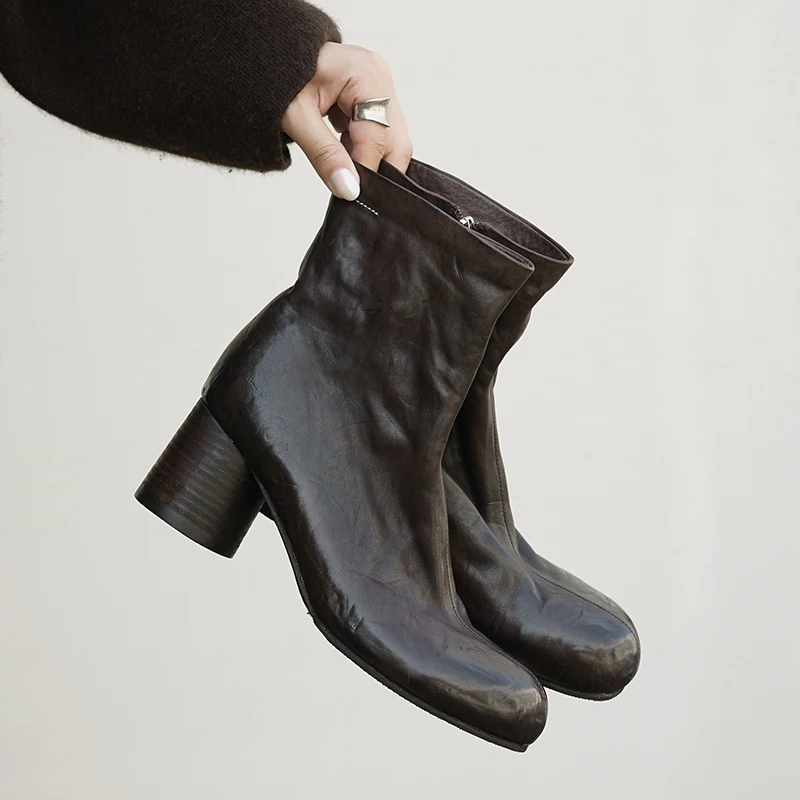 

Quality Handmade Full Natural Leather Square Toe Horsehide Women Ankle Boots Retro Round High Heels Side Zipper Motorcycle Boots