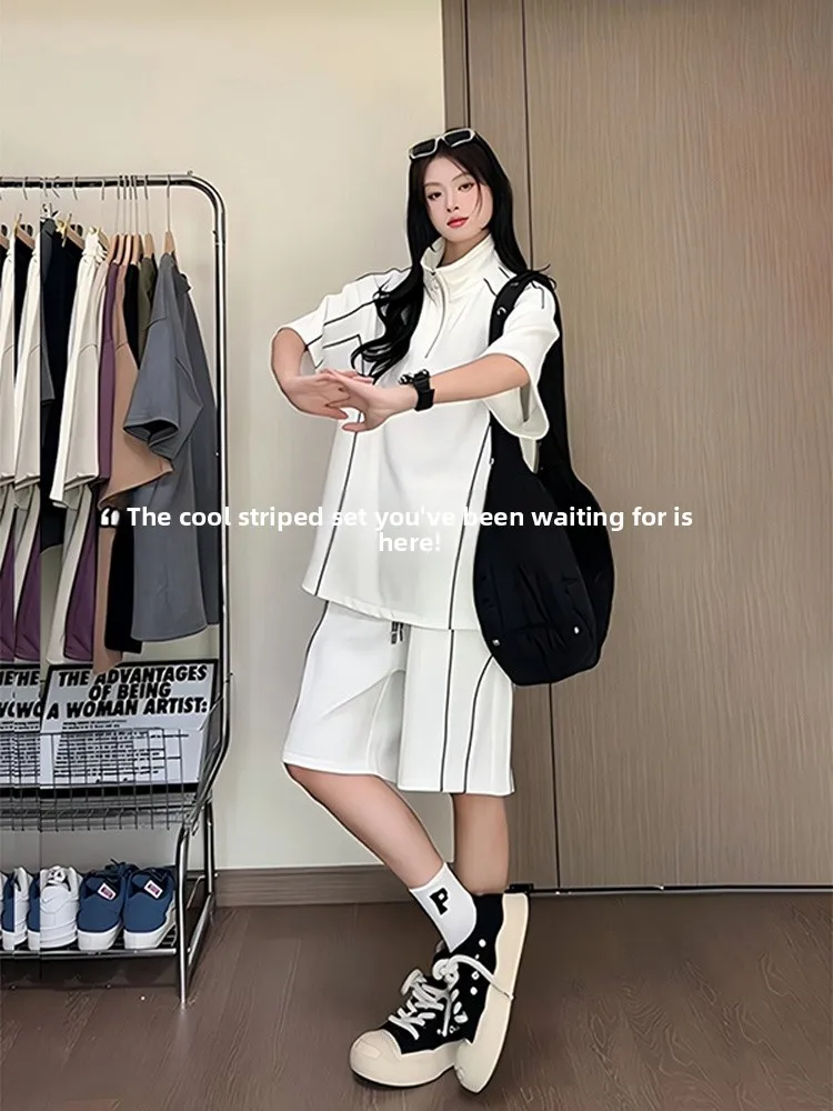 

Белый летний комплект из футболки с коротким рукавом и спортивных шорт из полиэстера с эффектом быстрого высыхания, в полоску, для подростков