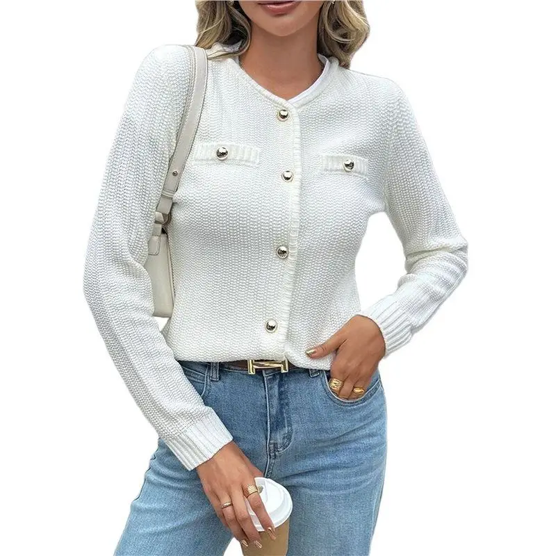 【HOT-SELLING!】V-Neck Long Sleeves Cardigan Sweaters For Women Fall Winter Chunky Cropped Button Down Knit Sweater Jackets White
